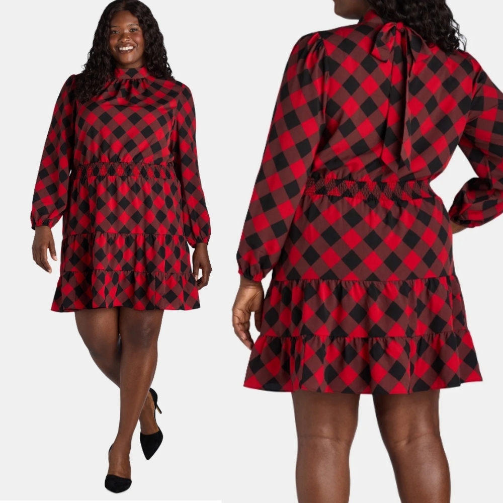 NWT Nine.Eight Women's Plus Mock Neck  Dress In Red/Black/Brown Gingham Print 2X